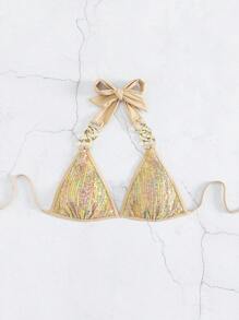 SHEIN Swim Áo Tops Bikini Nữ Chuỗi màu trơn - Vàng - Xem 6