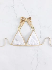 SHEIN Swim Áo Tops Bikini Nữ Chuỗi màu trơn - Vàng - Xem 3