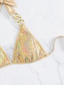 SHEIN Swim Áo Tops Bikini Nữ Chuỗi màu trơn - Vàng - Xem 5