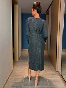 Joyfunear Kleid mit Glitzer, überlappendem Kragen, drapierter Seite - Schwarz - Übersicht 2