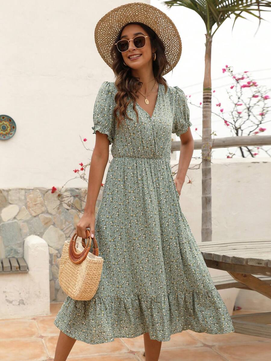 Đầm viền lá sen Viên lá sen Trọn gói Họa tiết hoa Boho - Màu xanh Bạc hà - Xem 1