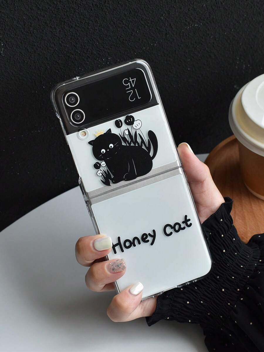 Cartoon Cat Pattern Clear Phone Case - Black - View 1