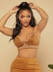 SHEIN SXY 花卉刺繡短款仿麂皮吊帶上衣 - 棕色 - 查看 3