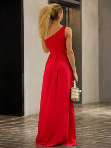 Joyfunear 單肩圍裹下擺繫腰帶連衣裙 - 紅色 - 查看 2