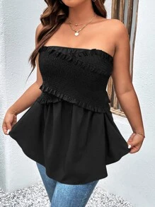 SHEIN Holidaya 大碼打攬木耳邊抹胸上衣 - 黑色 - 查看 6