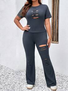 SHEIN Holidaya Plus Cut Out Tee & Flare Leg Trousers - Grey - View 5