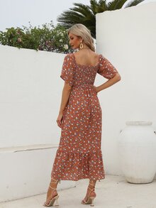 Maternity Ditsy Floral Print Ruffle Hem Dress - Brown - View 2