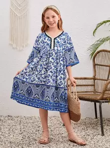 SHEIN Đầm Gái Nút Ruy băng Bộ lạc Boho - Màu xanh lam - Xem 1