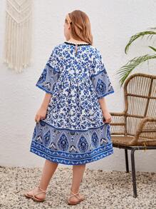 SHEIN Đầm Gái Nút Ruy băng Bộ lạc Boho - Màu xanh lam - Xem 2