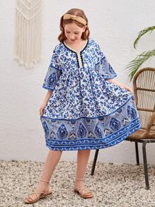 SHEIN Đầm Gái Nút Ruy băng Bộ lạc Boho - Màu xanh lam - Xem 4