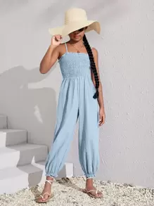 SHEIN 女孩素色吊帶連體褲 - 淺藍色 - 查看 1
