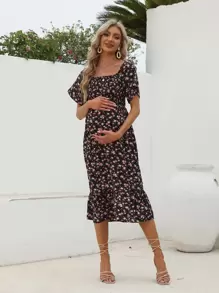 Maternity Ditsy Floral Print Square Neck Ruffle Hem Dress - Black - View 1
