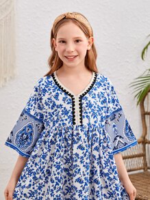 SHEIN Đầm Gái Nút Ruy băng Bộ lạc Boho - Màu xanh lam - Xem 5