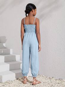 SHEIN 女孩素色吊帶連體褲 - 淺藍色 - 查看 2