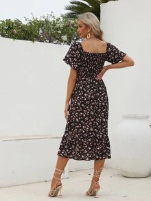 Maternity Ditsy Floral Print Square Neck Ruffle Hem Dress - Black - View 2