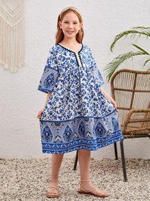 SHEIN Đầm Gái Nút Ruy băng Bộ lạc Boho - Màu xanh lam - Xem 6