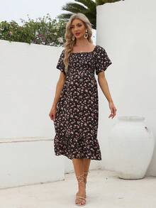 Maternity Ditsy Floral Print Square Neck Ruffle Hem Dress - Black - View 3