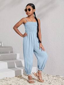 SHEIN 女孩素色吊帶連體褲 - 淺藍色 - 查看 3