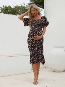 Maternity Ditsy Floral Print Square Neck Ruffle Hem Dress - Black - View 4