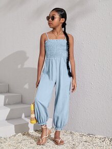 SHEIN 女孩素色吊帶連體褲 - 淺藍色 - 查看 5