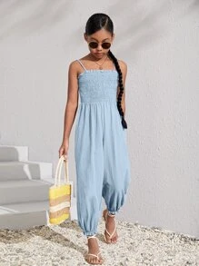 SHEIN 女孩素色吊帶連體褲 - 淺藍色 - 查看 6