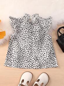 SHEIN Toddler Girls Dalmatian Print Ruffle Trim Mock Neck Blouse - Black and White - View 1