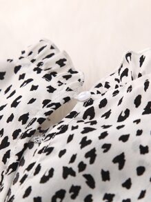 SHEIN Toddler Girls Dalmatian Print Ruffle Trim Mock Neck Blouse - Black and White - View 3