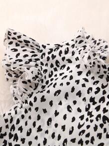 SHEIN Toddler Girls Dalmatian Print Ruffle Trim Mock Neck Blouse - Black and White - View 5