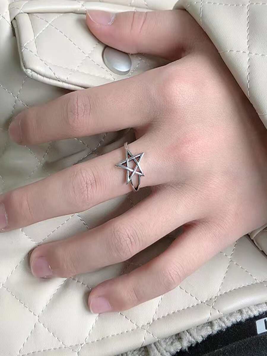 1入組復古鋅合金星形裝飾開口戒指適合女士日常裝飾 - 復古銀色 - 查看 1