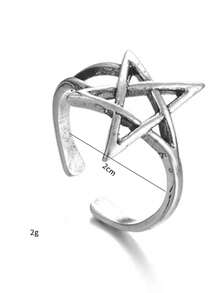 1入組復古鋅合金星形裝飾開口戒指適合女士日常裝飾 - 復古銀色 - 查看 2