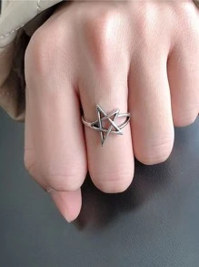 1入組復古鋅合金星形裝飾開口戒指適合女士日常裝飾 - 復古銀色 - 查看 3