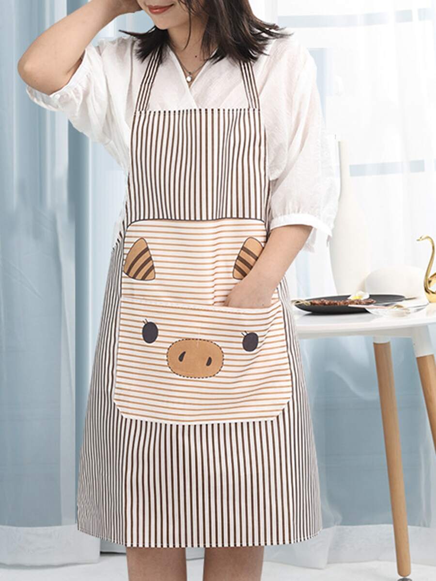 1入組套卡通豬圖案圍裙滌綸防油防水圍裙適用於花園廚房家務