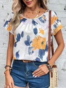 SHEIN LUNE Blusa con estampado floral de manga murciélago - Blanco - Ver 1