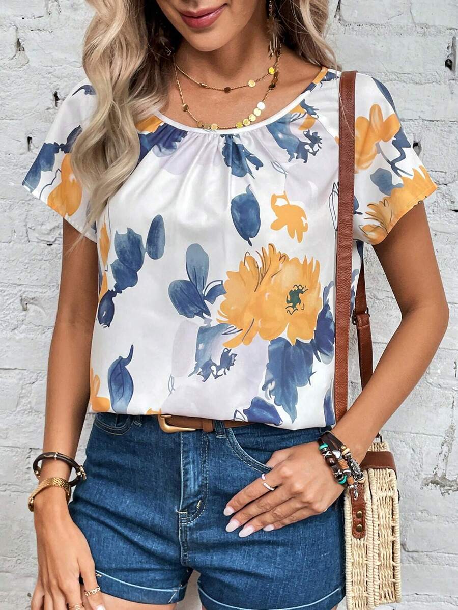 SHEIN LUNE Blusa con estampado floral de manga murciélago - Blanco - Ver 1