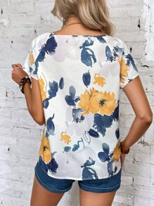 SHEIN LUNE Blusa con estampado floral de manga murciélago - Blanco - Ver 2
