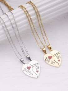 1對可愛標語和心形吊墜女士項鍊送給姐妹生日禮物 - 金色 - 查看 1