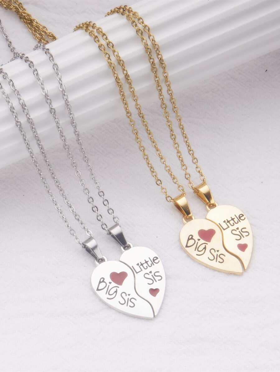 1對可愛標語和心形吊墜女士項鍊送給姐妹生日禮物 - 金色 - 查看 1