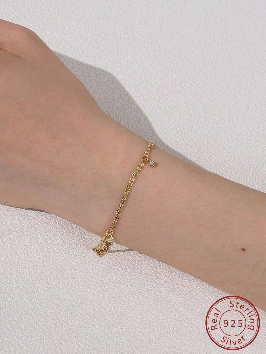 方晶鋯石裝飾銀手環 - 金黃色 - 查看 1