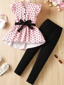 SHEIN 女孩波點圖案荷葉邊腰帶上衣和緊身褲 - 粉色 - 查看 1