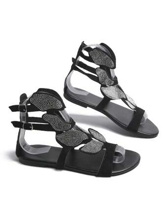 Plusstorlek Dam Sommar Nya Strass Fjärilsutskärning Platta Sandaler i Romersk Stil