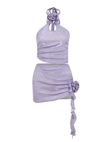 unicolor Top halter & con diseño fruncido Falda - Morado - Ver 6