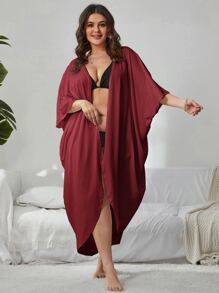 SHEIN Swim Curve Plus Batwing Sleeve Open Front Kimono - Burgundy - View 3