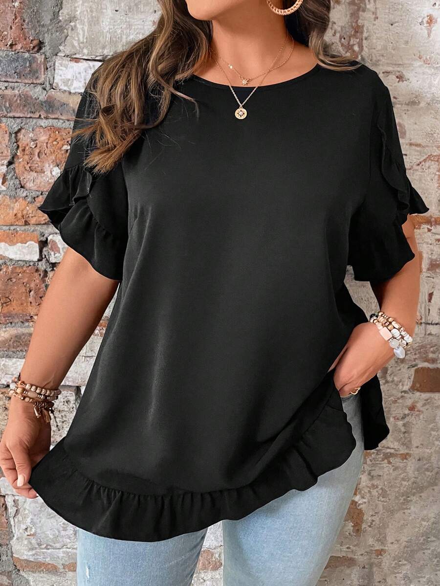 SHEIN LUNE Áo sơ mi Plus Size Xù màu trơn Giải trí - màu đen - Xem 1