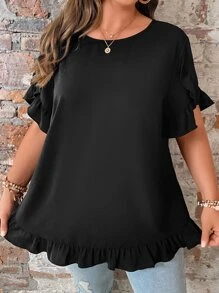 SHEIN LUNE Áo sơ mi Plus Size Xù màu trơn Giải trí - màu đen - Xem 3