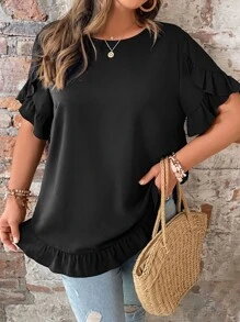 SHEIN LUNE Áo sơ mi Plus Size Xù màu trơn Giải trí - màu đen - Xem 5