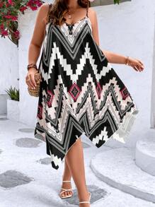 SHEIN LUNE Plus Geo Print Hanky Hem Cami Dress - Multicolor - View 1