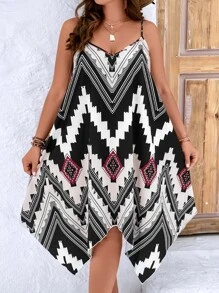 SHEIN LUNE Plus Geo Print Hanky Hem Cami Dress - Multicolor - View 5