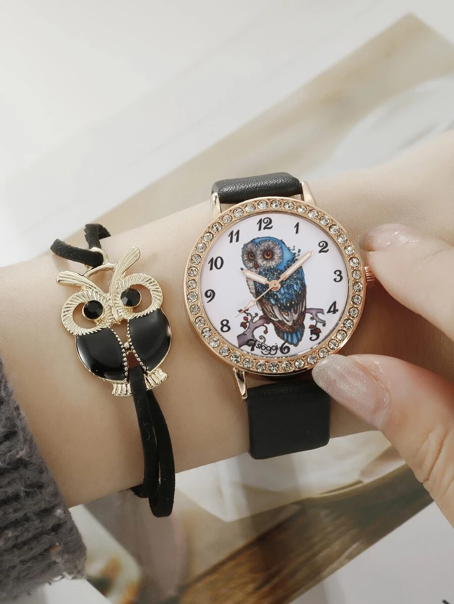 sloggi 1 Miếng Đen PU Polyurethane Dây đeo Duyên dáng Đồ trang trí Rhinestone Hình con cú Tròn Quay số đồng hồ Quartz & 1 Miếng Vòng tay , Đối với Cuộc sống hàng ngày - màu đen - Xem 1
