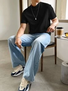 SWAVVY Men Solid Mock Neck Tee, Summer, Couple Things - Black - View 4