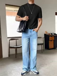 SWAVVY Men Solid Mock Neck Tee, Summer, Couple Things - Black - View 5